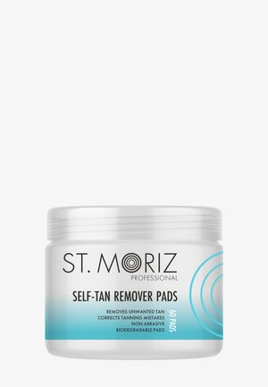 St. Moriz Professional selftanverwijderingspads in een witte pot met blauw verloop, voor het verwijderen van ongewenste bruining en het corrigeren van zonnebankfouten.