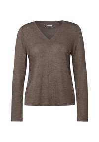 Ruskea pitkähihainen neulepaita V-kaula-aukolla. Valmistettu teksturoidusta neuloksesta, rento istuvuus ja suora helma.