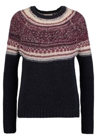Strickpullover mit Rundhalsausschnitt, der eine burgunderrote und cremefarbene gemusterte Passe auf einem dunkelblauen Körper mit strukturiertem Finish aufweist.