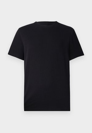 Schwarzes Kurzarm-T-Shirt aus glattem Baumwollstoff, mit Rundhalsausschnitt und klassischer Passform, ohne Muster oder sichtbare Hardware.
