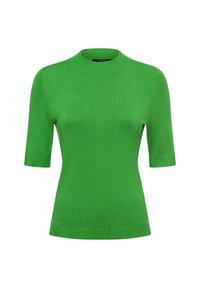 Grüner kurzärmeliger Pullover mit rundem Ausschnitt, aus einem glatten Strickmaterial gefertigt. Hat eine figurbetonte Silhouette und gerippte Kanten.