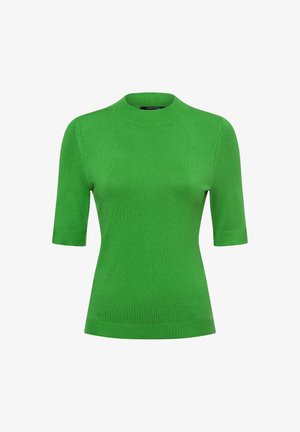 Grüner kurzärmeliger Pullover mit rundem Ausschnitt, aus einem glatten Strickmaterial gefertigt. Hat eine figurbetonte Silhouette und gerippte Kanten.