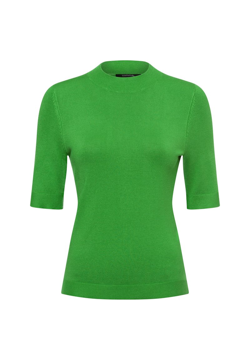 Grüner kurzärmeliger Pullover mit rundem Ausschnitt, aus einem glatten Strickmaterial gefertigt. Hat eine figurbetonte Silhouette und gerippte Kanten.