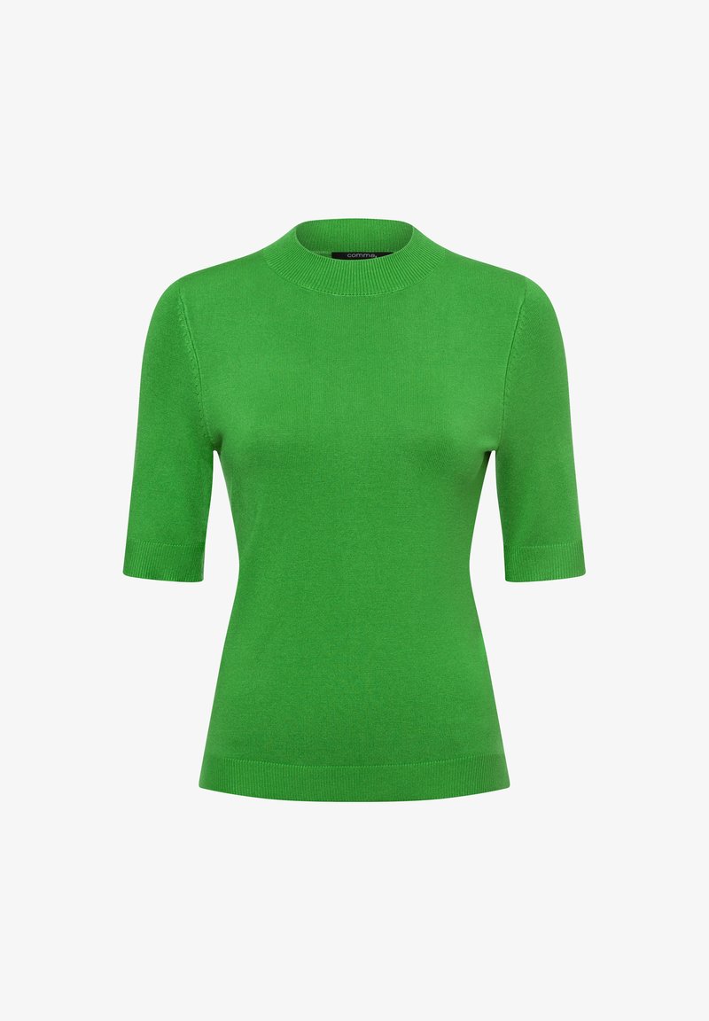 Grüner kurzärmeliger Pullover mit rundem Ausschnitt, aus einem glatten Strickmaterial gefertigt. Hat eine figurbetonte Silhouette und gerippte Kanten.