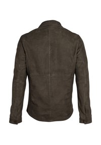 Braune Lederjacke mit strukturierter Oberfläche, ausgestattet mit einem Kragen, langen Ärmeln und Knopfärmelbündchen. Rückansicht mit Nahtdetails.