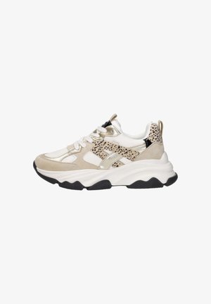 Chunky white sneaker with beige suede, metallic gold accents, spotted pattern, thick white sole, black outsole, and white laces.