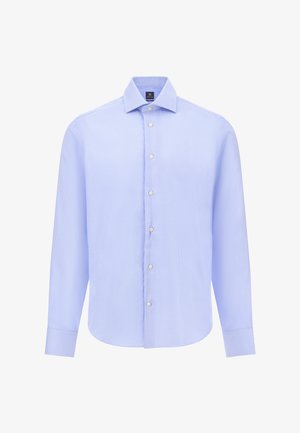 Jasnoniebieska koszula w kratę z długimi rękawami, klasycznym kołnierzykiem, z przodem zapinanym na guziki i teksturowaną tkaniną. Posiada okrągłe guziki oraz dopasowany krój.