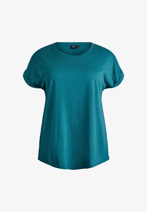 Teal short-sleeve T-shirt made of soft, lightweight fabric. Features a rounded neckline and rolled cuffs. Straight hem and relaxed fit.