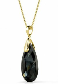 Collana in tono oro con un grande pendente di cristallo nero sfaccettato, a forma di goccia, con un elegante attacco per il gancio.