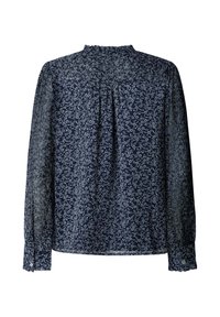 Marineblaue Bluse mit floralen Mustern, langen, transparenten Ärmeln, hohem, Rüschenausschnitt, Falte details hinten und knöpfbaren Manschetten, mit kleinen weißen Blumenmustern.