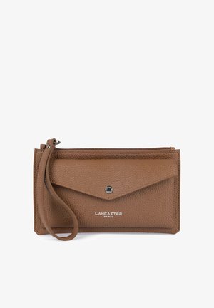 Brown leather wallet with a textured finish, featuring a front flap, zip closure, and a wrist strap. "Lancaster Paris" logo in white.