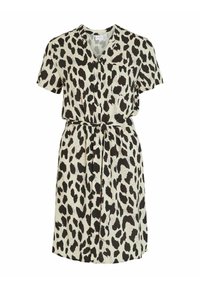 Robe à manches courtes beige avec un imprimé léopard noir, dotée d'un décolleté en V, d'une poche et d'une taille ajustable grâce à un lien à nouer.