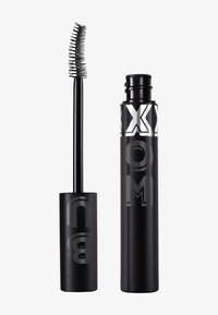 Czarna tuba maskary i szczoteczka. Tuba ma błyszczącą powierzchnię z wypukłym napisem; szczoteczka ma zakrzywiony kształt z cienkimi włoskami.