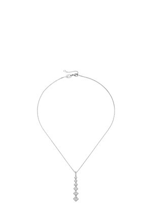 Silver necklace featuring a chain with a vertical pendant composed of multiple linked geometric shapes, reflecting light with a polished finish.