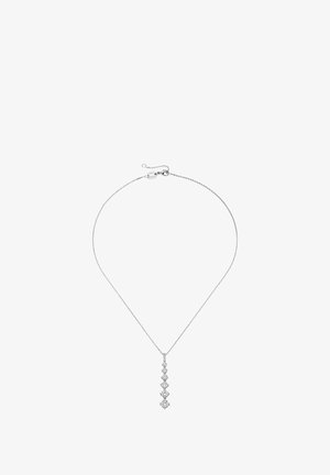 Silver necklace featuring a chain with a vertical pendant composed of multiple linked geometric shapes, reflecting light with a polished finish.