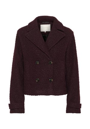 Double-breasted jacket in deep burgundy with textured fabric, notched collar, and two black buttons. Cropped length with folded cuffs.