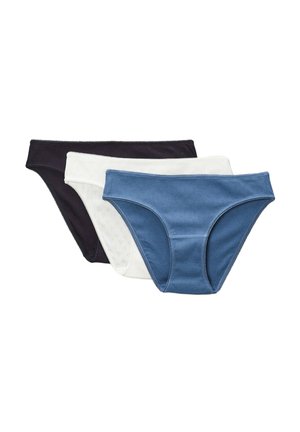 Trois paires de culottes pour femmes : noire, blanche avec un motif subtil, et bleue. Chacune présente une coupe classique et une texture de tissu lisse.