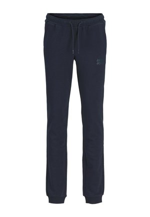 Marineblaue Jogginghosen aus weichem Stoff, mit elastischem Bund, Kordelzugverschluss und einem aufgedruckten Logo an der Seite.