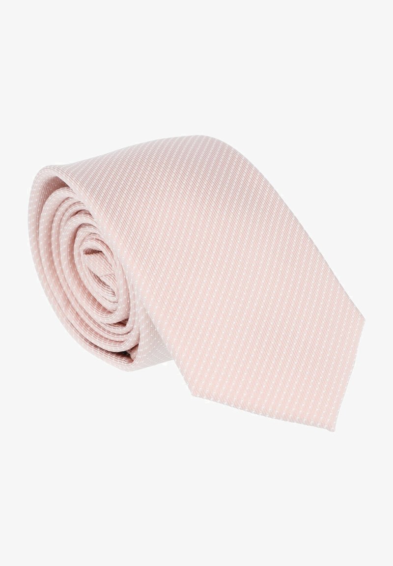 Light pink tie made of textured fabric featuring a subtle diagonal striped pattern. Rolled neatly with a pointed tip.