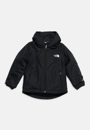Veste noire North Face pour enfants avec capuche, fermeture éclair frontale et poches latérales zippées sur fond blanc.