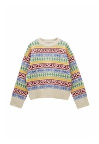 Strickpullover mit Rundhalsausschnitt, der ein mehrfarbiges Muster aus Bäumen und Schneeflocken auf einem cremefarbenen Hintergrund zeigt. Gerippte Bündchen und Saum.