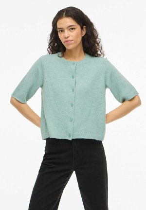 Kobieta o kręconych włosach, ubrana w jasnozielony krótki kardigan na guziki i czarne spodnie, stojąca z rękami na biodrach.