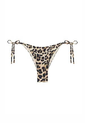 Bas de bikini à imprimé léopard avec une coupe basse, des lanières ajustables sur les côtés et un tissu lisse aux couleurs contrastantes noir et beige.