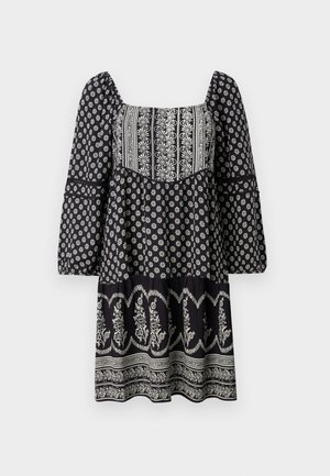 Black floral dress with a square neckline, long bell sleeves, and tiered hem. Features white embroidered patterns throughout.