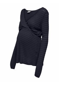 Czarny sweter ciążowy z długim rękawem, z teksturowanymi poziomymi paskami i dekoltem w kształcie litery V z kopertowym wzorem.