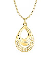 Guld dråbeformet vedhæng med lagdelt design, prydet med en glitrende kant af klare krystaller. Fastgjort til en delikat kæde.