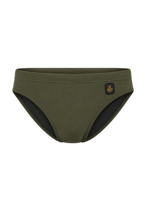 Slip da uomo verde oliva con fodera interna nera e una piccola toppa del marchio nera e dorata sul lato destro.