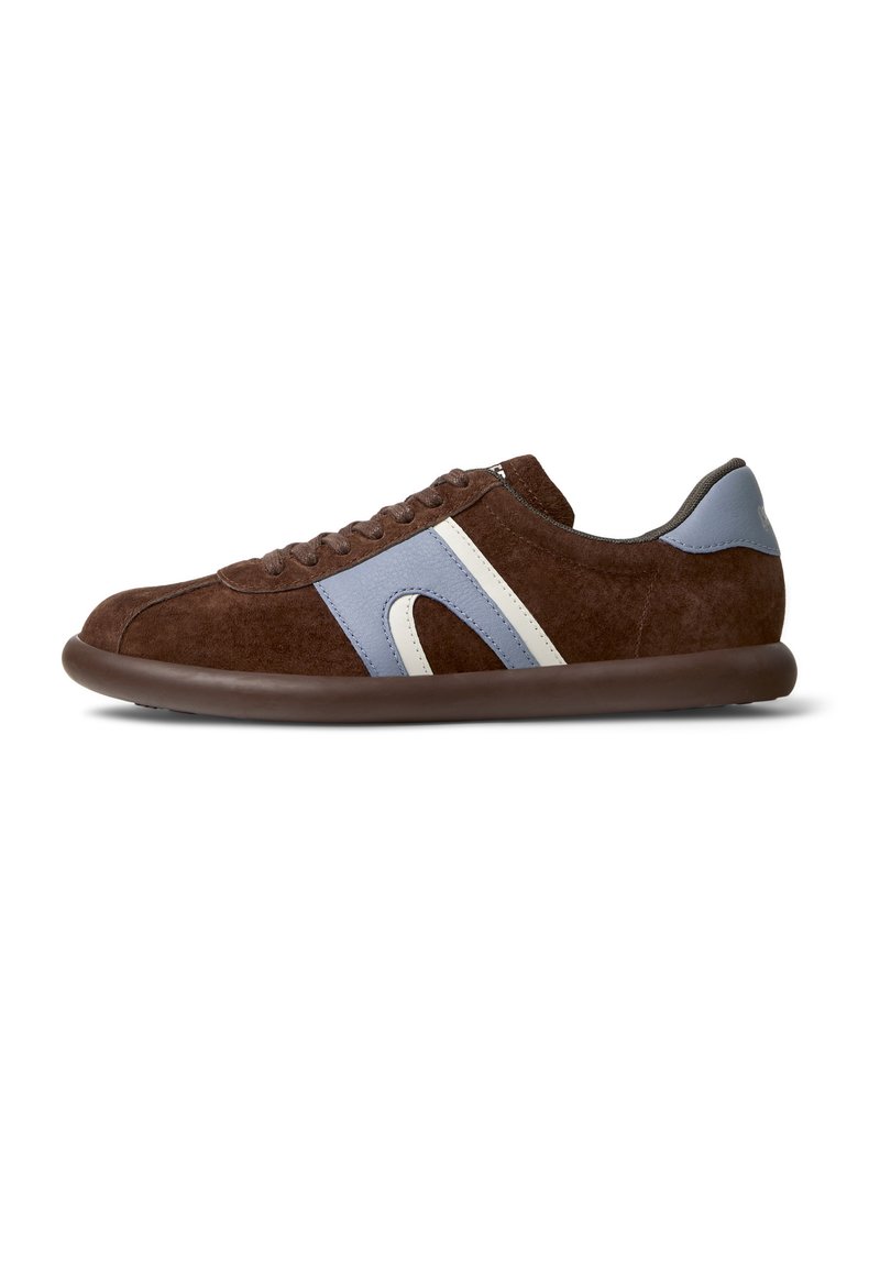 Brown suede sneaker with blue and white accents, rounded toe, rubber sole, and lace-up design. Smooth texture and low profile.
