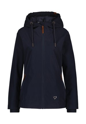 Navy blue jacket made from a smooth, lightweight fabric. Features a hood, adjustable drawstrings, and two side pockets with brown accents.