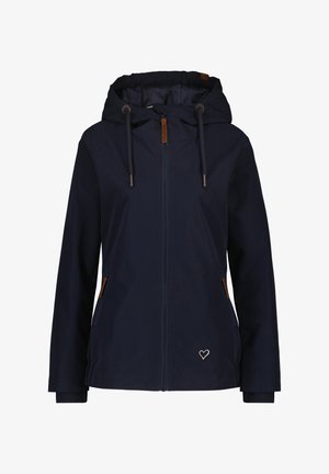 Navy blue jacket made from a smooth, lightweight fabric. Features a hood, adjustable drawstrings, and two side pockets with brown accents.