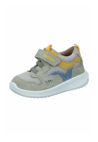 Gray mesh sneaker with yellow and blue suede accents, featuring a hook-and-loop strap, rubber sole, and cushioned interior.