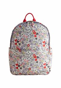 Nahrbtnik z rdečim ročajem, okrašen s cvetličnimi in motivi igralskih kart, vključno s srčki, pikami, kockami in dominoji, sprednja zadrga, oznaka Cath Kidston.