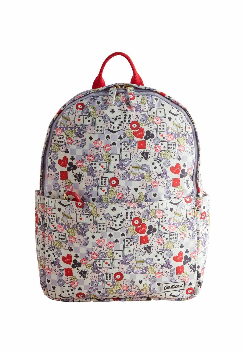 Nahrbtnik z rdečim ročajem, okrašen s cvetličnimi in motivi igralskih kart, vključno s srčki, pikami, kockami in dominoji, sprednja zadrga, oznaka Cath Kidston.