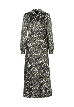 Long black dress with a white and olive green swirling pattern, featuring long sleeves and a round collar. Smooth texture, mid-length cut.