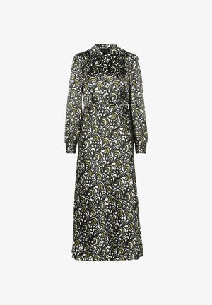 Langes schwarzes Kleid mit einem weißen und olivgrünen wirbelnden Muster, das lange Ärmel und einen runden Kragen hat. Glatte Textur, mittellanger Schnitt.
