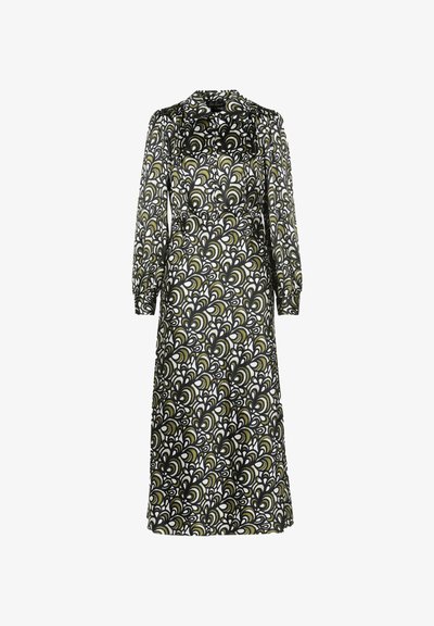 Rochie lungă neagră cu un model alb și verde măsliniu în spirale, cu mâneci lungi și guler rotund. Textură netedă, croi de lungime medie.
