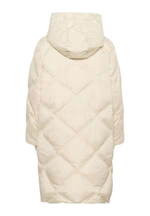 Puffjakke i lys beige med et diamantquiltet mønster, oversized hætte og korte ærmer. Blød, glat tekstur med en løs pasform.