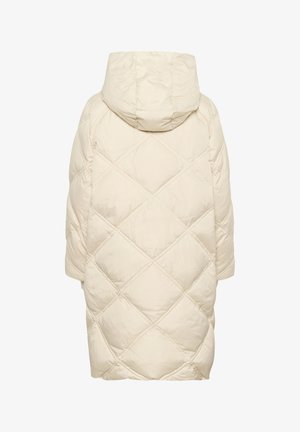 Puffermantel in hellem Beige mit einem Rautenmuster, übergroßer Kapuze und kurzen Ärmeln. Weicher, glatter Stoff mit lockerer Passform.