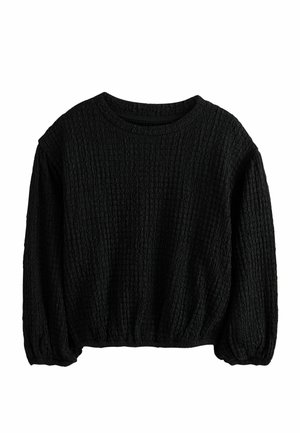 Black long-sleeve textured sweater with a round neckline and elastic cuffs and hem.