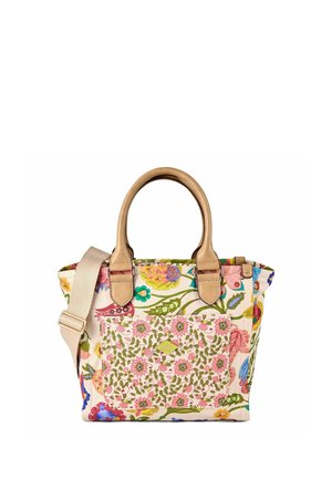 Bolso tote con estampado floral con flores rosas, verdes y multicolor, asas de cuero marrón claro y correa de hombro ajustable beige.