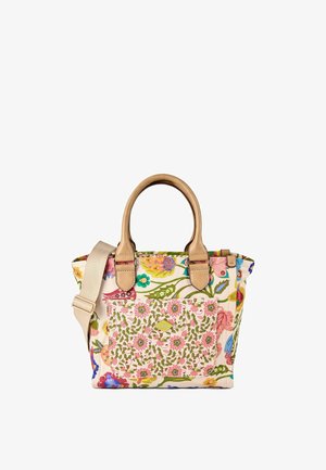 Borsa tote con stampa floreale con fiori rosa, verdi e multicolore, manici in pelle color cuoio e tracolla beige regolabile.