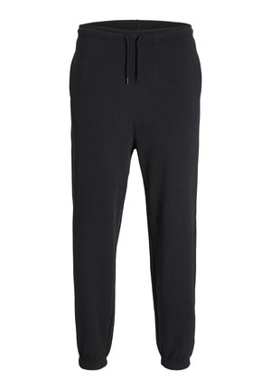 Black sweatpants made of soft fabric, featuring an elastic waistband with drawstring, and elastic cuffs at the ankles.