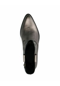 Metallic gray ankle boot with pointed toe, side zipper, and embossed pattern on the upper; smooth texture contrasts with shiny accents.