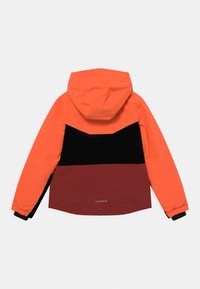 Giacca a blocchi di colore con parte superiore arancione, sezione centrale nera e parte inferiore bordeaux. Design con cappuccio e polsini elasticizzati.