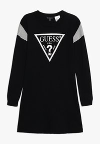 Černé pletené šaty s dlouhými rukávy, se šedým trojúhelníkovým logem a textem, kulatým výstřihem a žebrovanými manžetami.