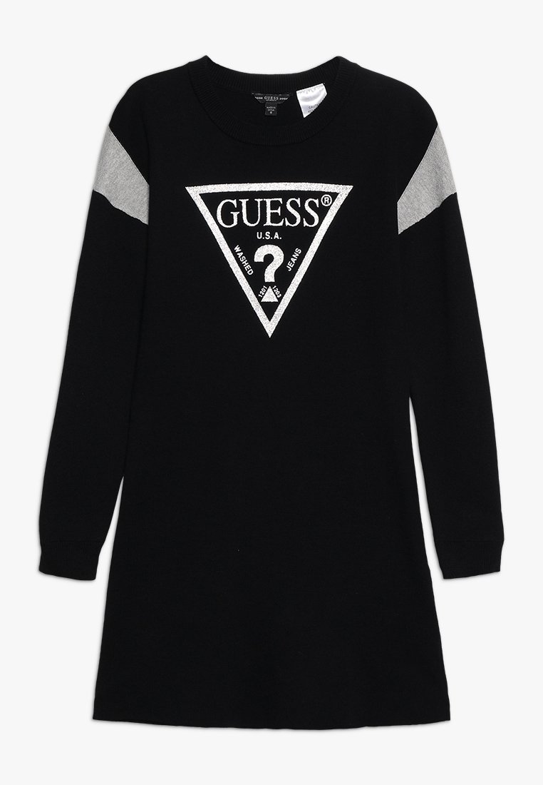 Černé pletené šaty s dlouhými rukávy, se šedým trojúhelníkovým logem a textem, kulatým výstřihem a žebrovanými manžetami.
